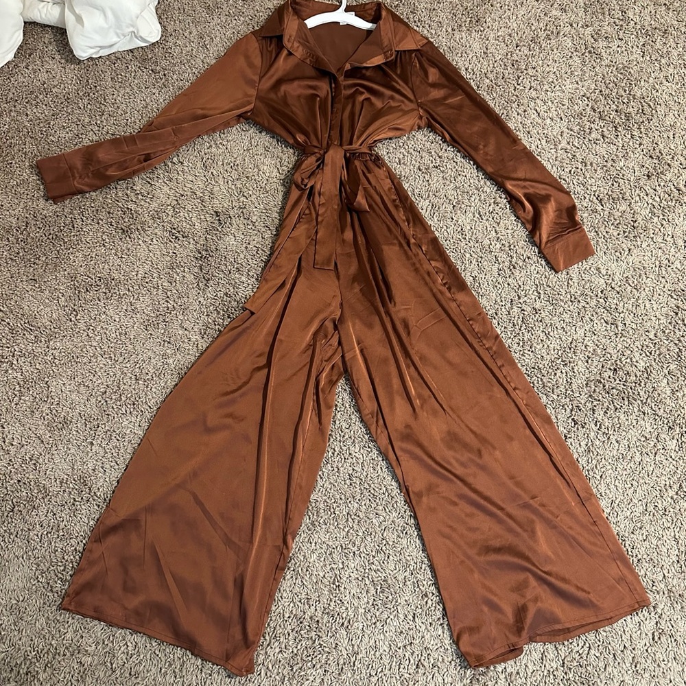 She + Sky Brown Jumpsuit with Relaxed Fit and Belted Waist